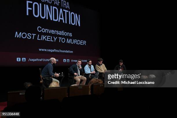 Timothy Michael Cooper moderates a panel with writer and director Dan Gregor, co-writer Doug Mand, and actors John Reynolds and Adam Pally during the...
