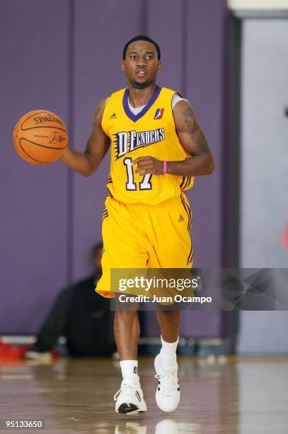 Lawrence McKenzie of the Los Angeles D-Fenders moves the ball up court during the game against the Idaho Stampede at the Toyota Sports Center on...