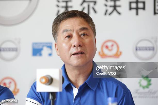 Zhang Xiaoning, Chairman of China Golf Association, attends a press conference ahead of the 2018 Volvo China Open at Topwin Golf and Country Club on...