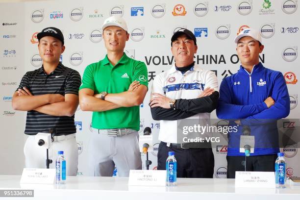 Lin Yuxin, Li Haotong, Zhang Lianwei and Liu Zehao of China attend a press conference ahead of the 2018 Volvo China Open at Topwin Golf and Country...