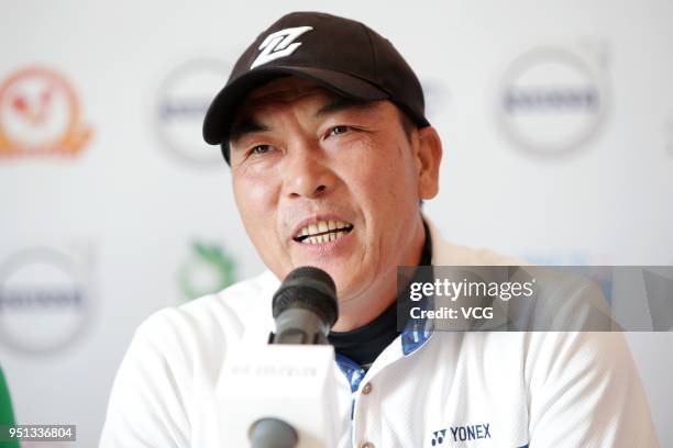 Zhang Lianwei of China attends a press conference ahead of the 2018 Volvo China Open at Topwin Golf and Country Club on April 25, 2018 in Beijing,...