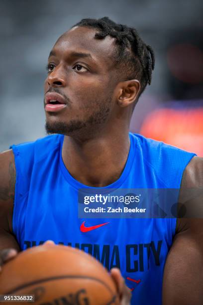 Jerami Grant of the Oklahoma City Thunder shoots the ball before the game against the Utah Jazz in Game Four of Round One of the 2018 NBA Playoffs on...