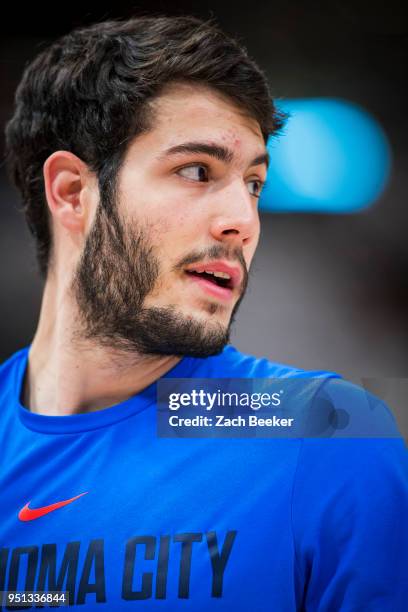 Alex Abrines of the Oklahoma City Thunder looks on before the game against the Utah Jazz in Game Four of Round One of the 2018 NBA Playoffs on April...