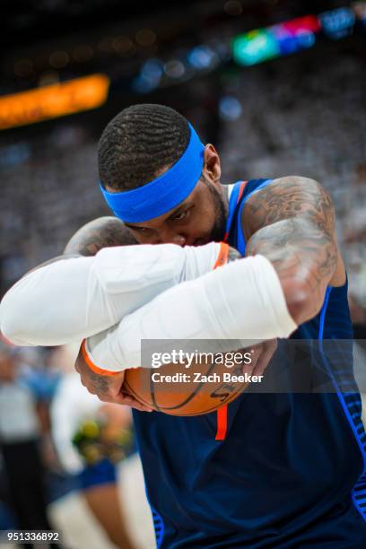 Carmelo Anthony of the Oklahoma City Thunder poses before the game against the Utah Jazz in Game Four of Round One of the 2018 NBA Playoffs on April...