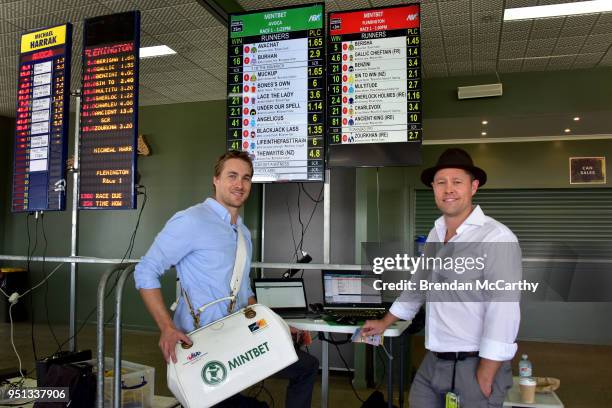 Eugene Benson and Casey McCutcheon of Mintbet looking forward to a busy day prior to the Ladbrokes Maiden Plate at Avoca Racecourse on April 25, 2018...