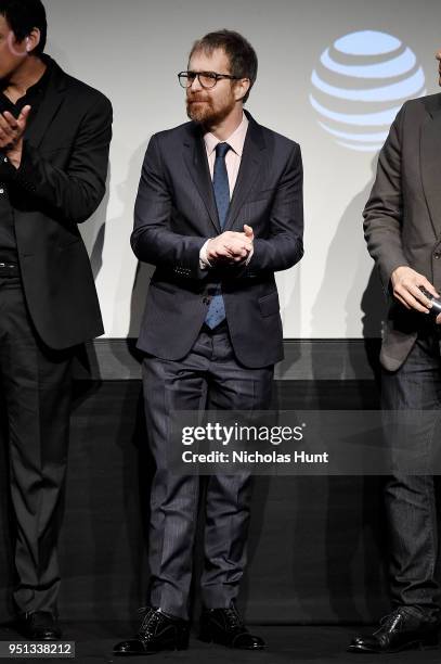 Sam Rockwell speaks during panel at the Screening of "Woman Walks Ahead" - 2018 Tribeca Film Festival at BMCC Tribeca PAC on April 25, 2018 in New...