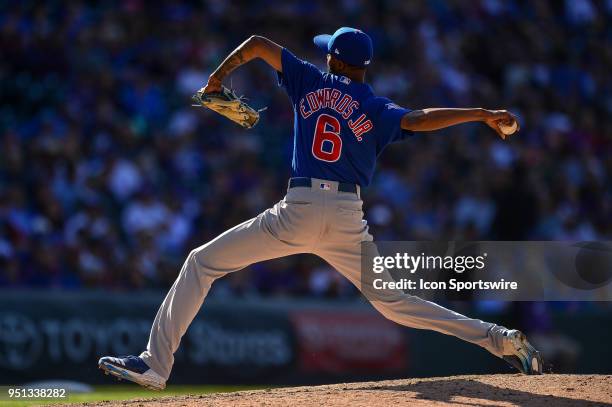 Chicago Cubs relief pitcher Carl Edwards Jr. Pitches during a regular season Major League Baseball game between the Chicago Cubs and the Colorado...