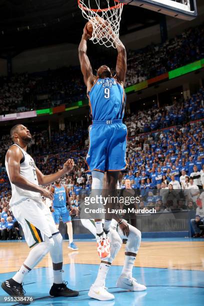 Jerami Grant of the Oklahoma City Thunder goes up for a dunk against the Utah Jazz in Game Five of Round One of the 2018 NBA Playoffs on April 25,...