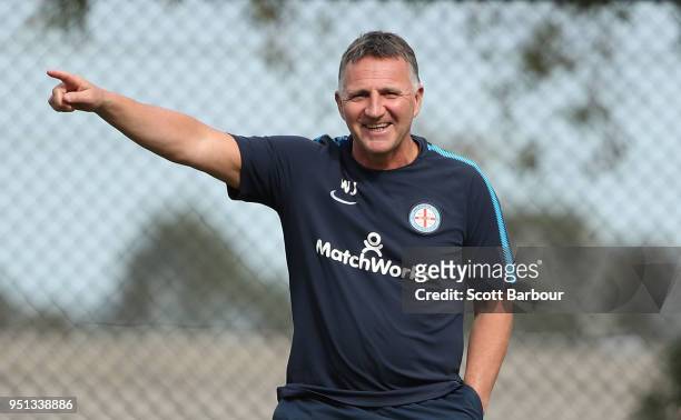 Warren Joyce, head coach of City FC gestures during a Melbourne City FC A-League training session at City Football Academy on April 26, 2018 in...