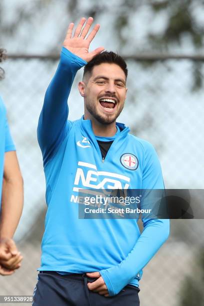 Bruno Fornaroli of City FC gestures during a Melbourne City FC A-League training session at City Football Academy on April 26, 2018 in Melbourne,...