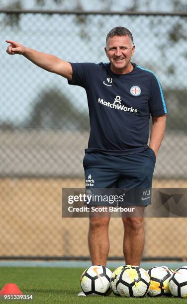 Warren Joyce, head coach of City FC gestures during a Melbourne City FC A-League training session at City Football Academy on April 26, 2018 in...