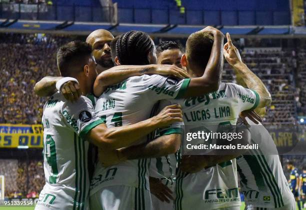 Lucas Lima of Palmeiras celebrates with teammates after scoring the second goal of his team during a match between Boca Juniors and Palmeiras as part...