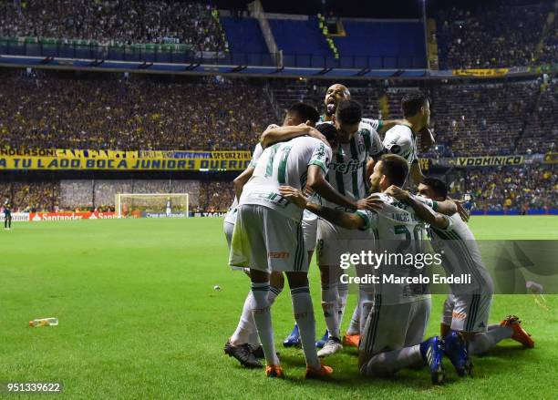 Lucas Lima of Palmeiras celebrates with teammates after scoring the second goal of his team during a match between Boca Juniors and Palmeiras as part...