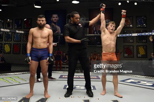 Brad Katona reacts after finishing three rounds against Kyler Phillips during the filming of The Ultimate Fighter: Undefeated on February 9, 2017 in...