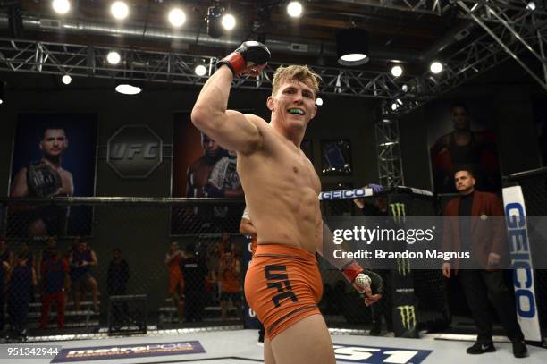 Brad Katona reacts after finishing three rounds against Kyler Phillips during the filming of The Ultimate Fighter: Undefeated on February 9, 2017 in...