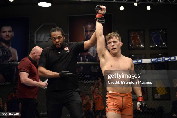 Brad Katona reacts after finishing three rounds against Kyler Phillips during the filming of The Ultimate Fighter: Undefeated on February 9, 2017 in...