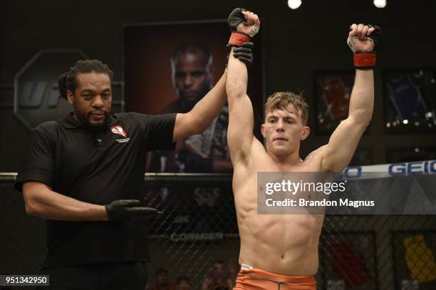 Brad Katona reacts after finishing three rounds against Kyler Phillips during the filming of The Ultimate Fighter: Undefeated on February 9, 2017 in...