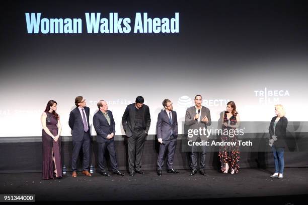 Erika Olde, Bill Camp, Chaske Spencer, Sam Rockwell, Michael Greyeyes and Susanna White speak during an DIRECTTV Premiere Of "Women Walks Ahead" At...