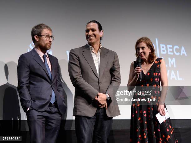 Sam Rockwell, Michael Greyeyes and Susanna White speak during an DIRECTTV Premiere Of "Women Walks Ahead" At 2018 Tribeca Film Festival on April 25,...