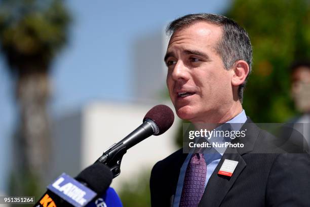 Los Angeles Mayor, Eric Garcetti, speaks at a press conference in honor of Denim Day and Sexual Assault Awareness Month in Los Angeles, California on...