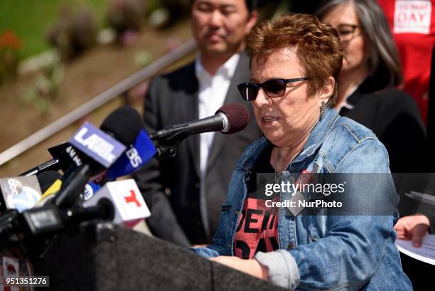 Founder and Executive Director of Peace Over Violence Patti Giggans speaks at a press conference in honor of Denim Day and Sexual Assault Awareness...