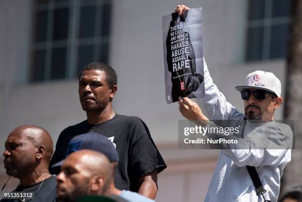 People participate in Denim Day to raise awareness about rape and sexual assault. Los Angeles, California on April 25, 2018.