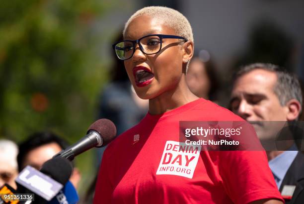 Danah Cleaton speaks at a press conference in honor of Denim Day and Sexual Assault Awareness Month in Los Angeles, California on April 25, 2018. The...