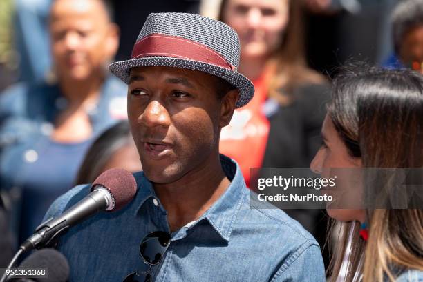 Singer Aloe Blacc speaks at a press conference in honor of Denim Day and Sexual Assault Awareness Month in Los Angeles, California on April 25, 2018....