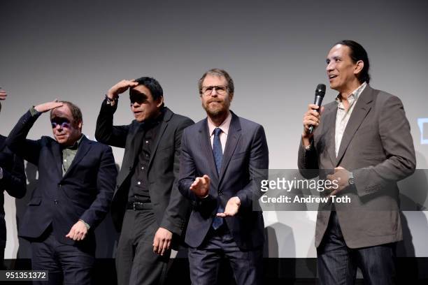 Bill Camp, Chaske Spencer, Sam Rockwell and Michael Greyeyes speak during an DIRECTTV Premiere Of "Women Walks Ahead" At 2018 Tribeca Film Festival...
