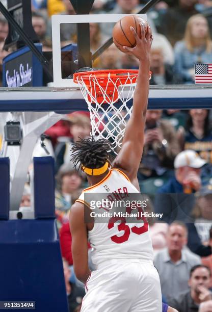 Myles Turner of the Indiana Pacers dunks the ball against the Charlotte Hornets at Bankers Life Fieldhouse on April 10, 2018 in Indianapolis,...