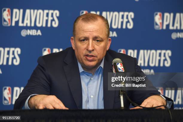 Head Coach Tom Thibodeau of the Minnesota Timberwolves speaks to the media after Game Five of the Western Conference Quarterfinals against the...