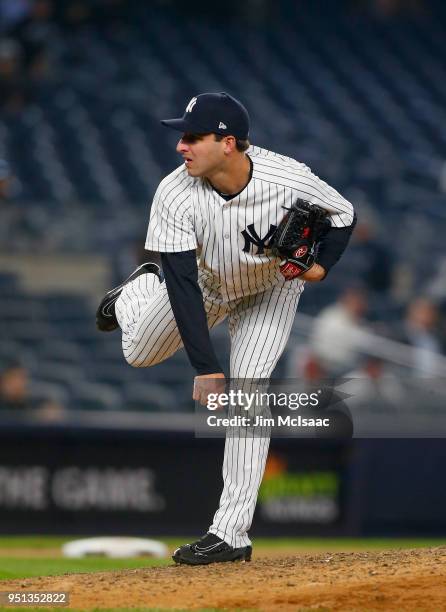 David Hale of the New York Yankees in action against the Minnesota Twins at Yankee Stadium on April 23, 2018 in the Bronx borough of New York City....