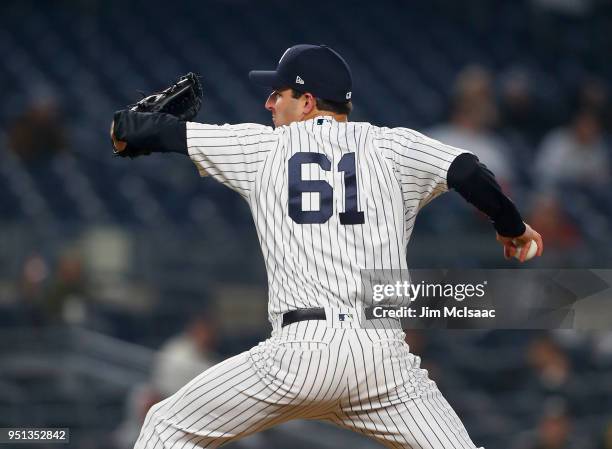 David Hale of the New York Yankees in action against the Minnesota Twins at Yankee Stadium on April 23, 2018 in the Bronx borough of New York City....