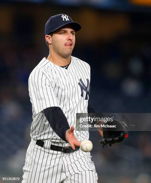 David Hale of the New York Yankees in action against the Minnesota Twins at Yankee Stadium on April 23, 2018 in the Bronx borough of New York City....