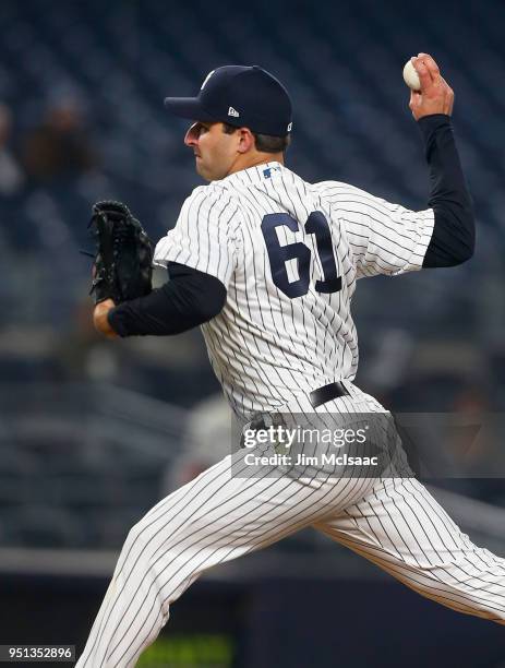 David Hale of the New York Yankees in action against the Minnesota Twins at Yankee Stadium on April 23, 2018 in the Bronx borough of New York City....