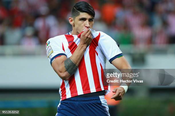 Alan Pulido of Chivas celebrates after scoring a penalty shot during the second leg match of the final between Chivas and Toronto FC as part of...
