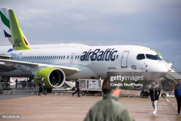 Bombardier CS300 von Air Baltic is pictured during the Innovation and Leadership in Aerospace Exhibition 2018 in Schoenefeld, Germany on April 25,...