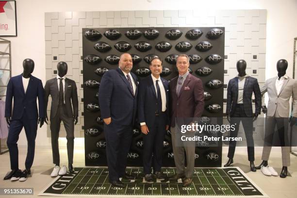 Rich 'Big Daddy' Salgado, Tom Ott and Daryl Johnston attend the Fashion & Football Event at Saks Off 5TH> on April 25, 2018 in Grand Prairie, Texas.