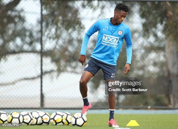 Bruce Kamau of City FC competes for the ball during a Melbourne City FC A-League training session at City Football Academy on April 26, 2018 in...