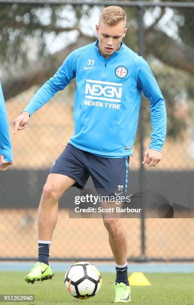 Nathaniel Atkinson of City FC competes for the ball during a Melbourne City FC A-League training session at City Football Academy on April 26, 2018...