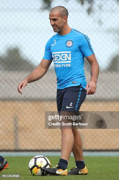 Manny Muscat of City FC competes for the ball during a Melbourne City FC A-League training session at City Football Academy on April 26, 2018 in...