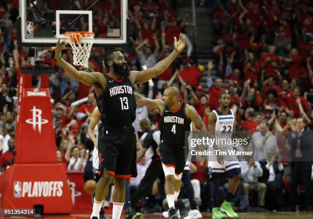 James Harden of the Houston Rockets reacts in the second half during Game Five of the first round of the 2018 NBA Playoffs against the Minnesota...