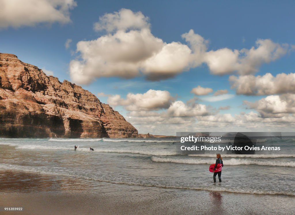 Surfing in Orzola, Lanzarote, Canary Islands, Spain