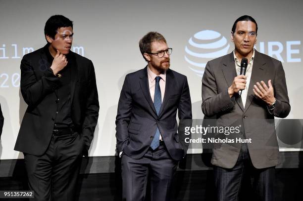 Chaske Spencer, Sam Rockwell and Michael Greyeyes speak during panel at the Screening of "Woman Walks Ahead" - 2018 Tribeca Film Festival at BMCC...