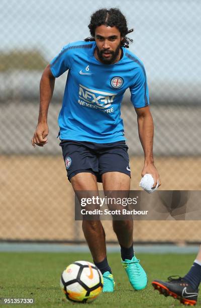 Osama Malik of City FC competes for the ball during a Melbourne City FC A-League training session at City Football Academy on April 26, 2018 in...