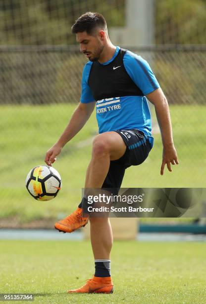 Bruno Fornaroli of City FC competes for the ball during a Melbourne City FC A-League training session at City Football Academy on April 26, 2018 in...