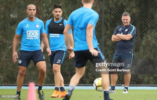 Warren Joyce, head coach of City FC looks on during a Melbourne City FC A-League training session at City Football Academy on April 26, 2018 in...