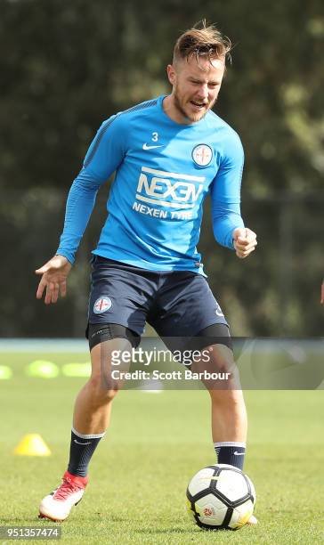 Scott Jamieson of City FC competes for the ball during a Melbourne City FC A-League training session at City Football Academy on April 26, 2018 in...