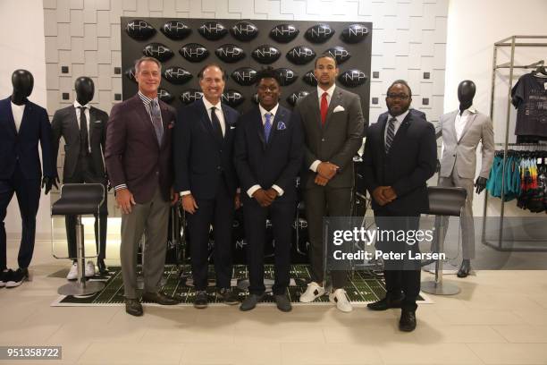 Daryl Johnston, Tom Ott, Richie James, Marcell Ateman and Clarance Hill attend a Fashion & Football Event at Saks Off 5TH> on April 25, 2018 in Grand...