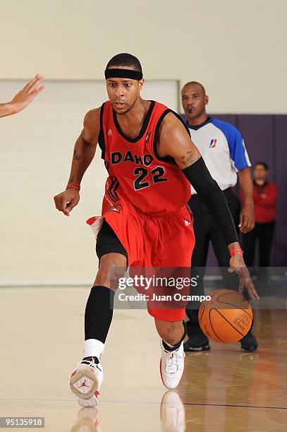 Mildon Ambres of the Idaho Stampede moves the ball up court during the game against the Los Angeles D-Fenders at the Toyota Sports Center on December...